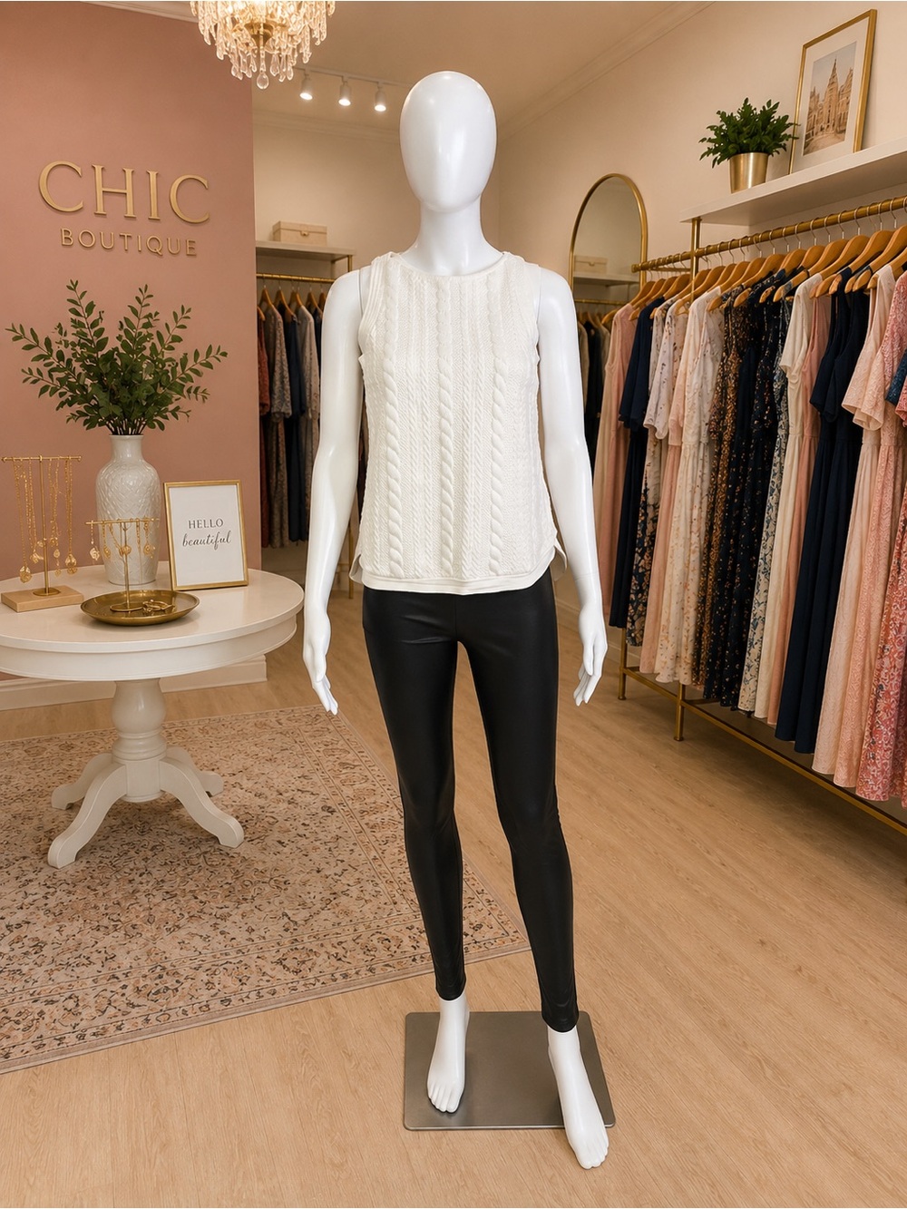 Philosophy Ivory Cable Quilted Knit Sleeveless Top